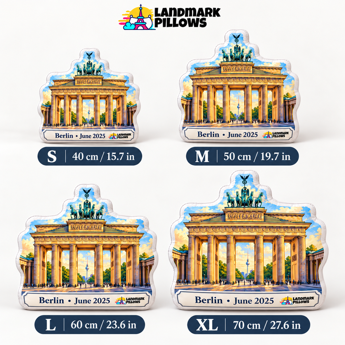 Brandenburg Gate pillow size guide showing S 40 cm, M 50 cm, L 60 cm and XL 70 cm