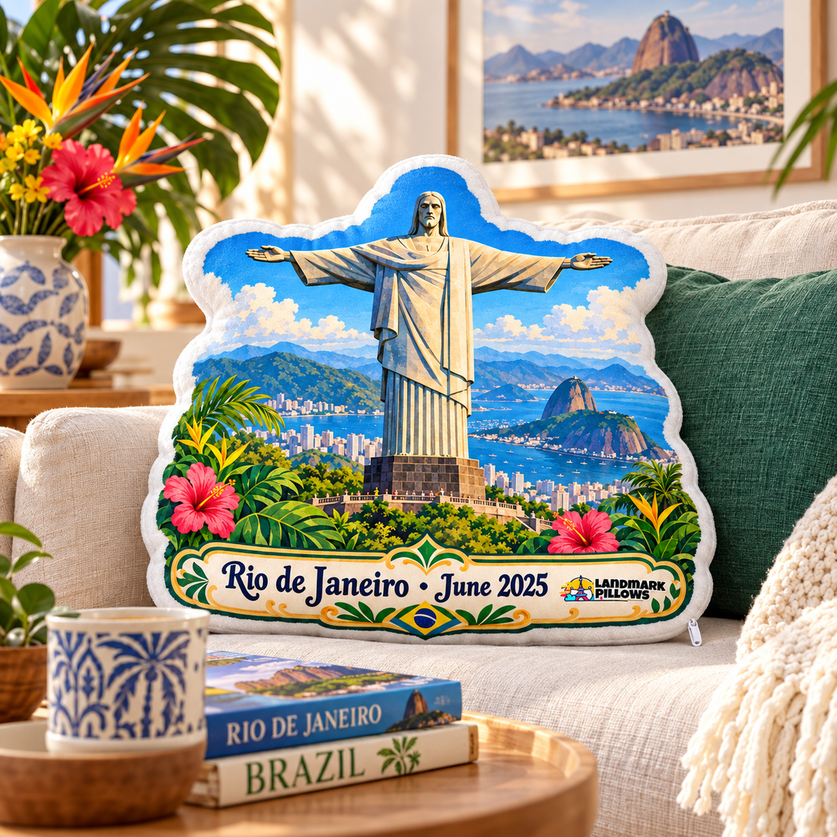 Christ the Redeemer Pillow in a cozy Rio-inspired home interior
