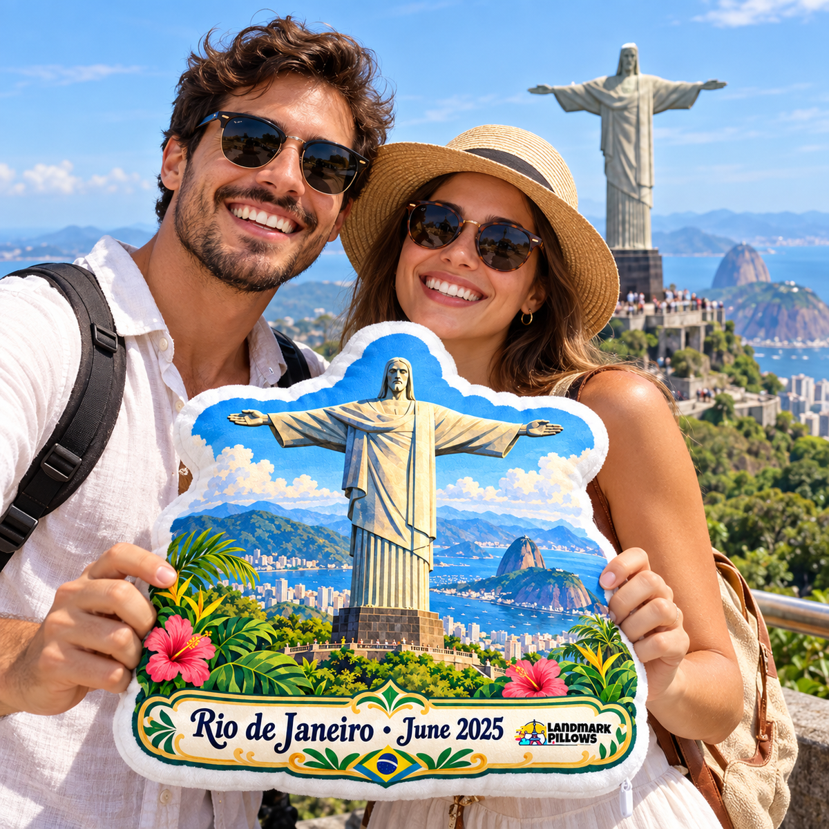 Travel couple holding the Christ the Redeemer Pillow in Rio de Janeiro