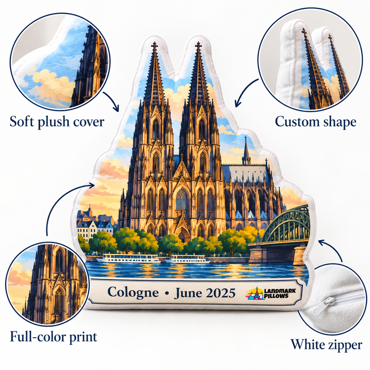 Cologne Cathedral pillow feature graphic highlighting soft plush cover, custom shape, full-color print and white zipper