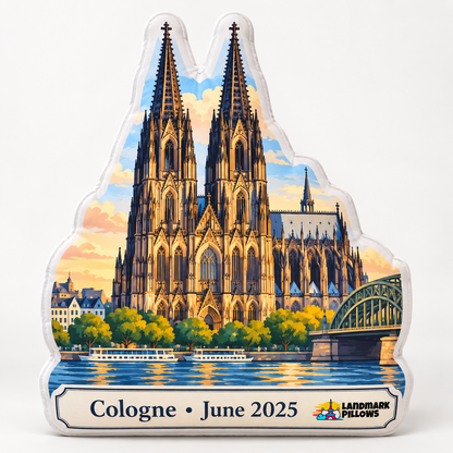 Cologne Cathedral custom-shaped pillow with Cologne June 2025 personalization plaque