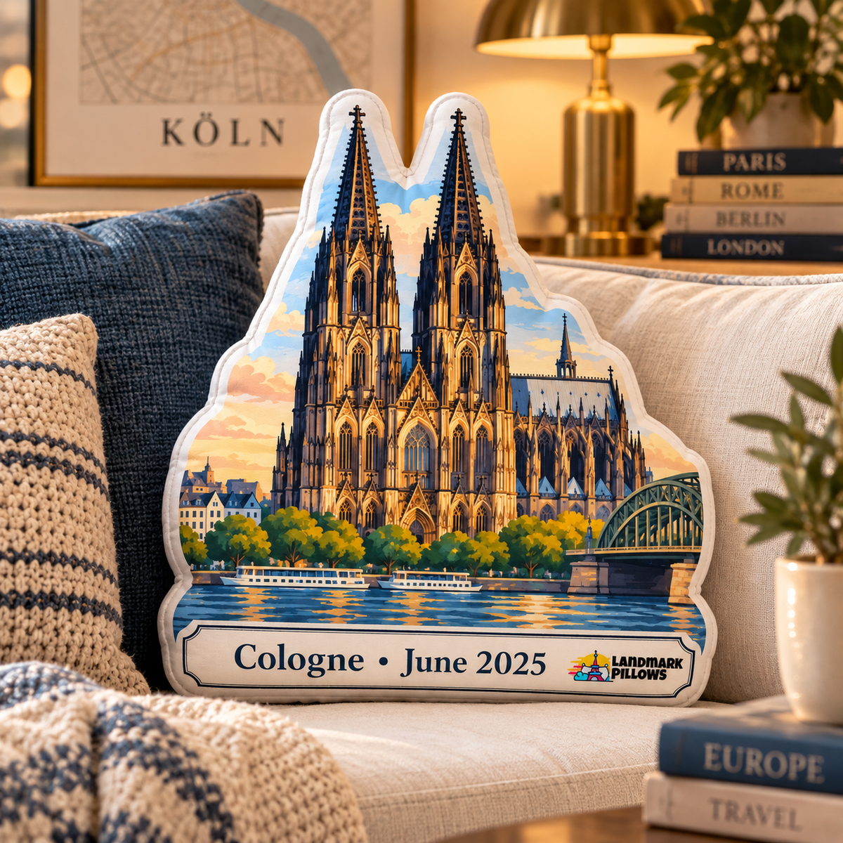 Cologne Cathedral pillow styled on a cozy travel-inspired sofa