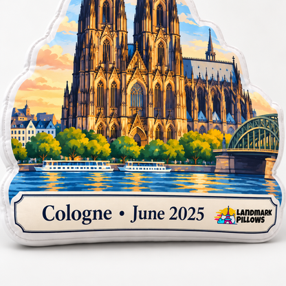 Close-up of Cologne Cathedral pillow personalization plaque reading Cologne June 2025
