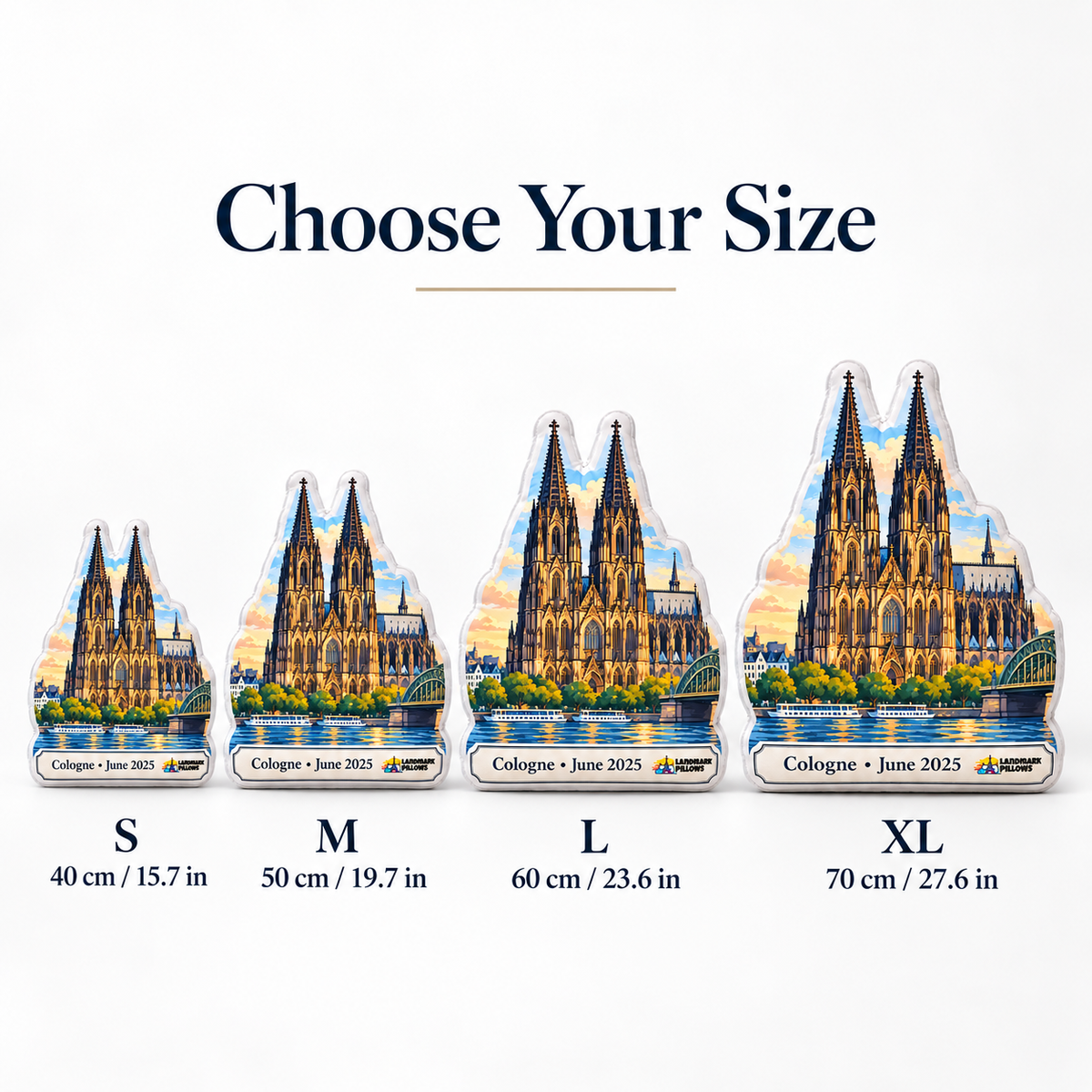 Cologne Cathedral pillow size guide showing S 40 cm, M 50 cm, L 60 cm and XL 70 cm