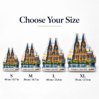 Cologne Cathedral pillow size guide showing S 40 cm, M 50 cm, L 60 cm and XL 70 cm