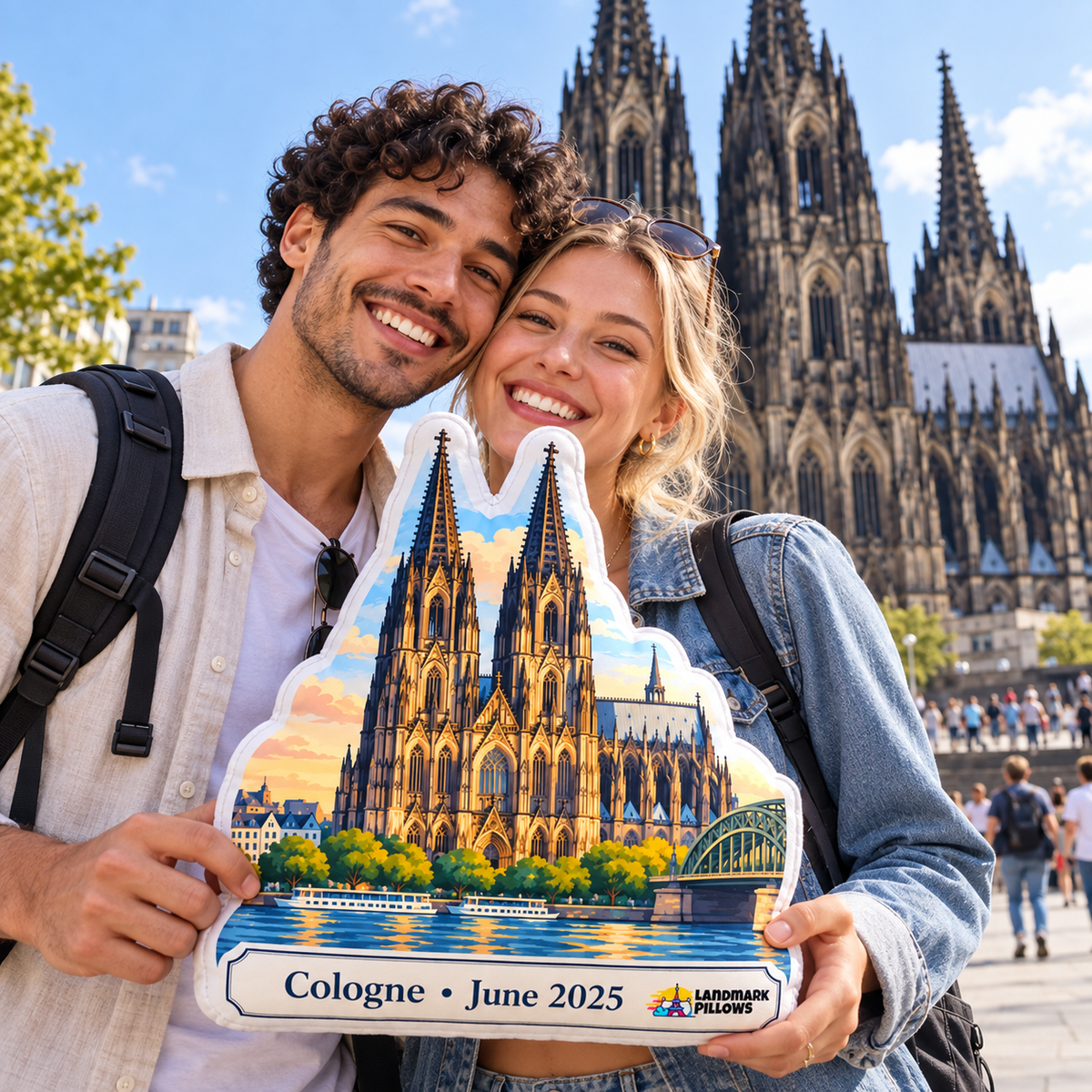 Travel couple holding a personalized Cologne Cathedral pillow in front of Cologne Cathedral