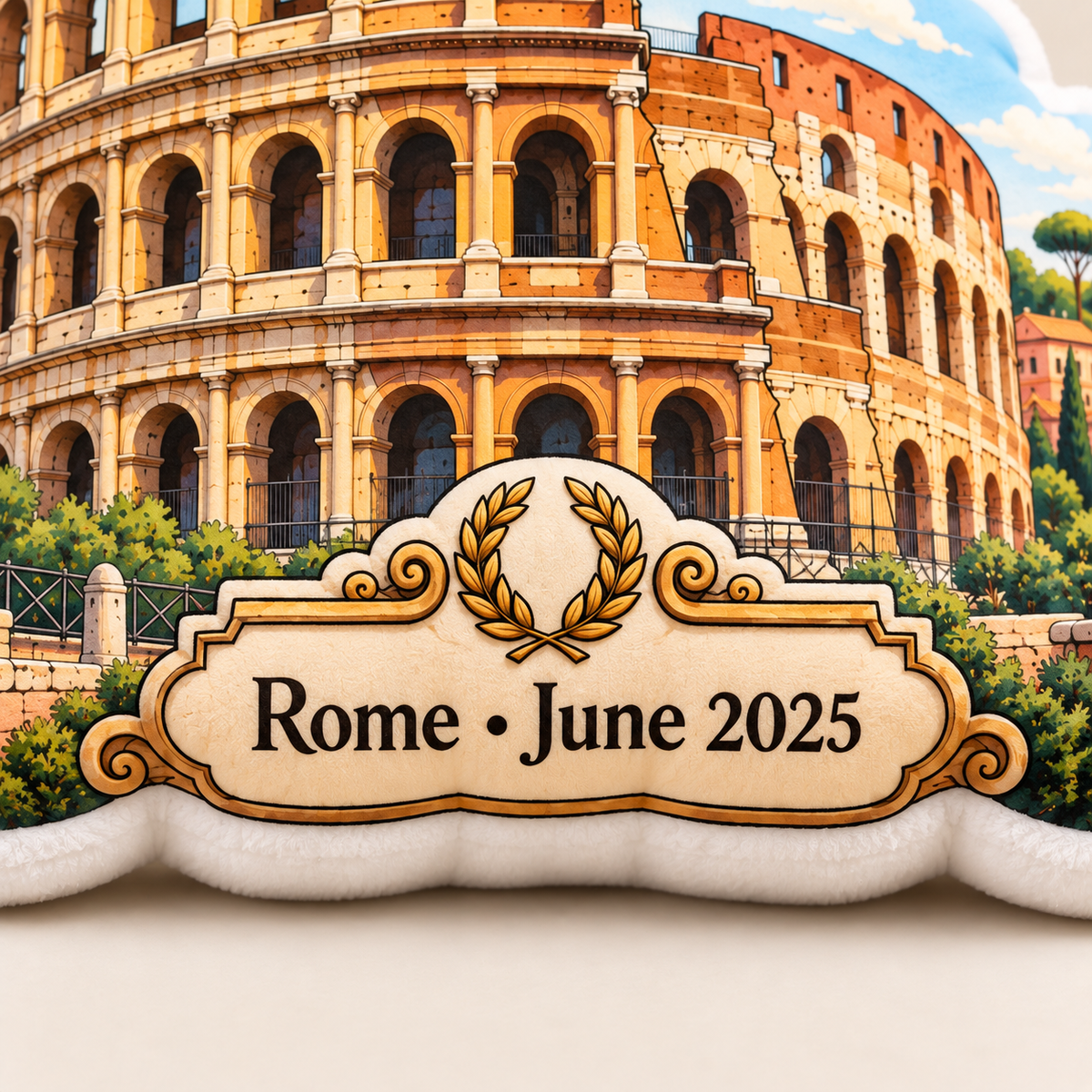 Close-up of Colosseum pillow personalized plaque reading Rome June 2025