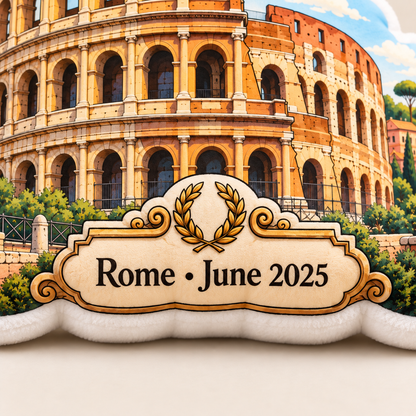 Close-up of Colosseum pillow personalized plaque reading Rome June 2025