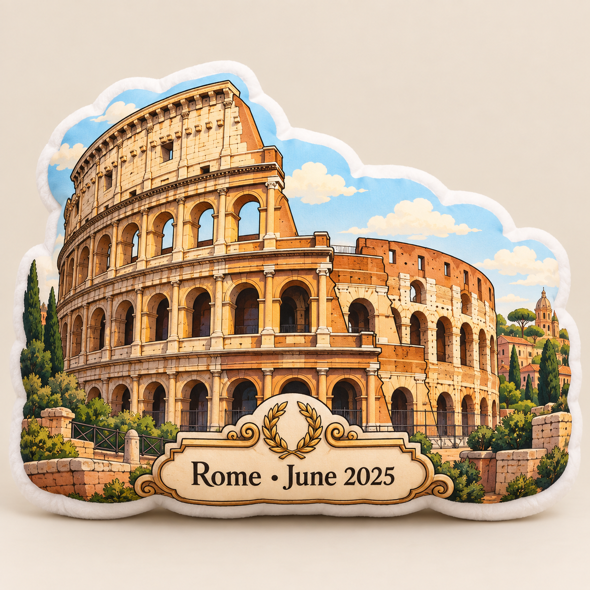 Personalized Colosseum shaped pillow with Rome June 2025 plaque