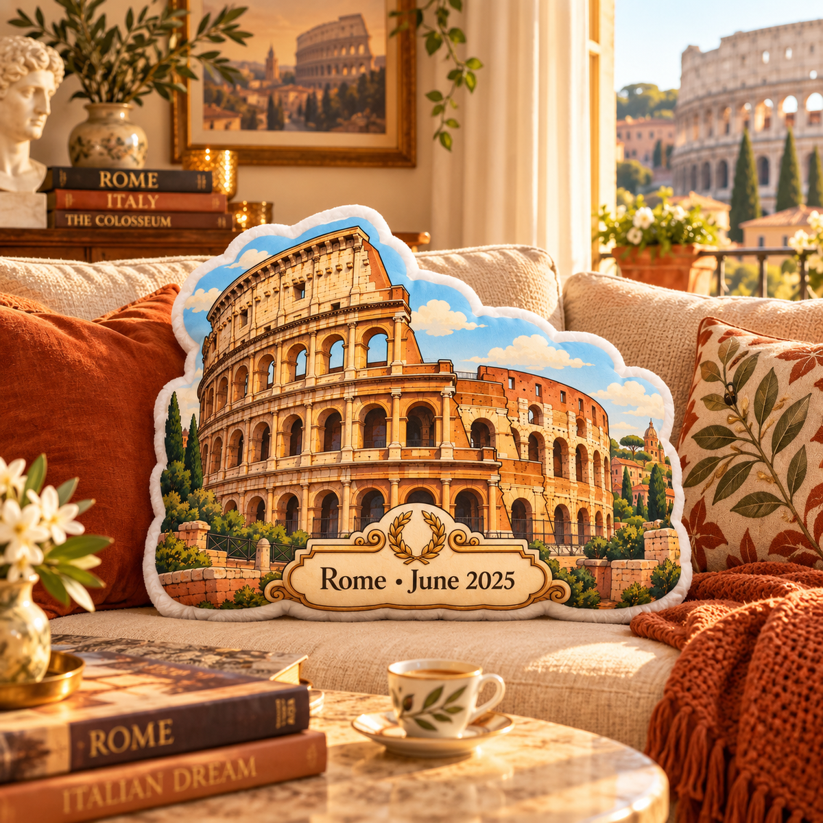 Colosseum pillow styled in a cozy Rome-inspired living room