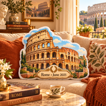 Colosseum pillow styled in a cozy Rome-inspired living room