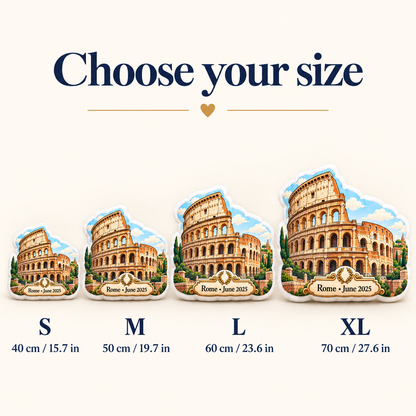Colosseum pillow size guide showing S M L and XL from 40 to 70 cm