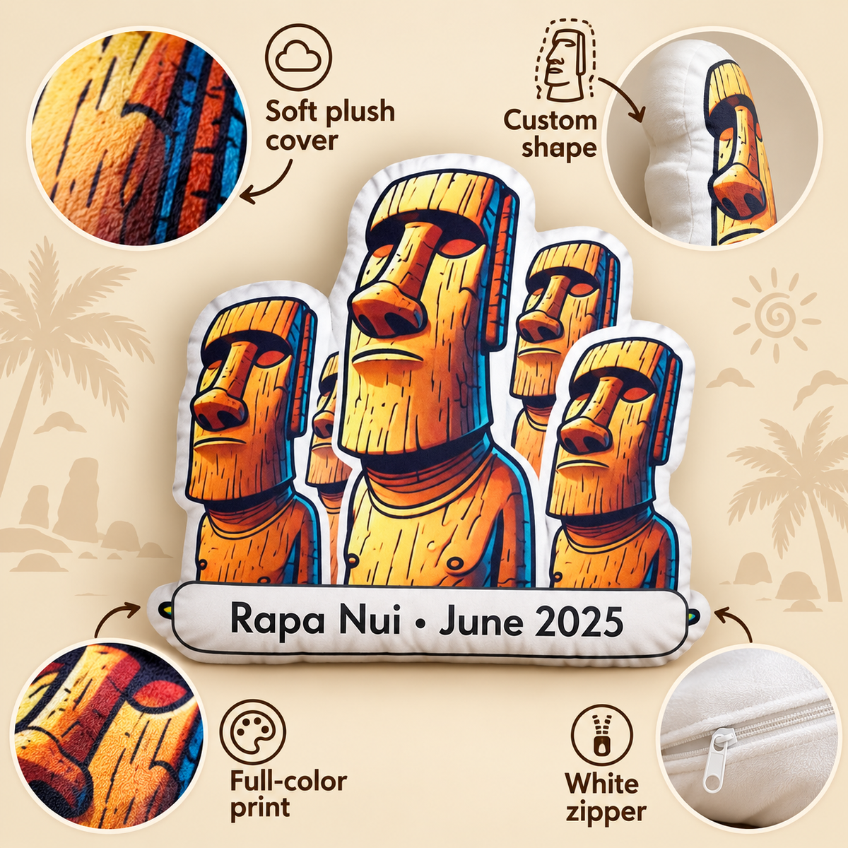 Easter Island Moai pillow features including soft plush cover custom shape full-color print and white zipper