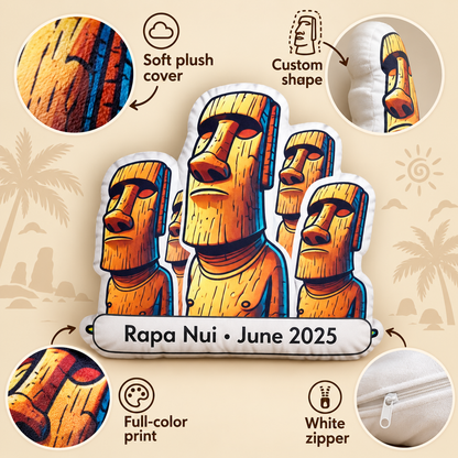 Easter Island Moai pillow features including soft plush cover custom shape full-color print and white zipper