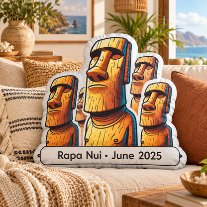 Easter Island Moai pillow styled in a warm coastal living room