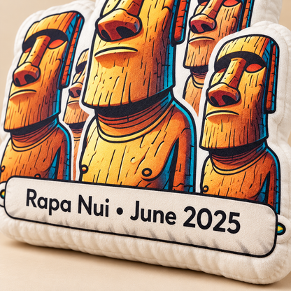 Close-up of Easter Island Moai pillow personalized plaque reading Rapa Nui June 2025