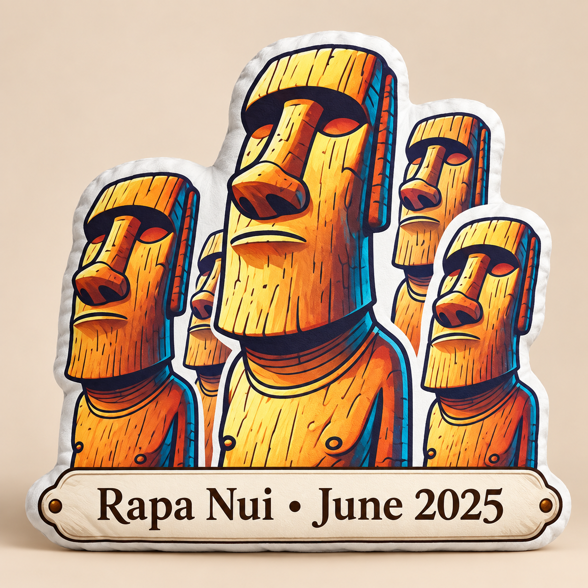 Personalized Easter Island Moai pillow with Rapa Nui June 2025 plaque