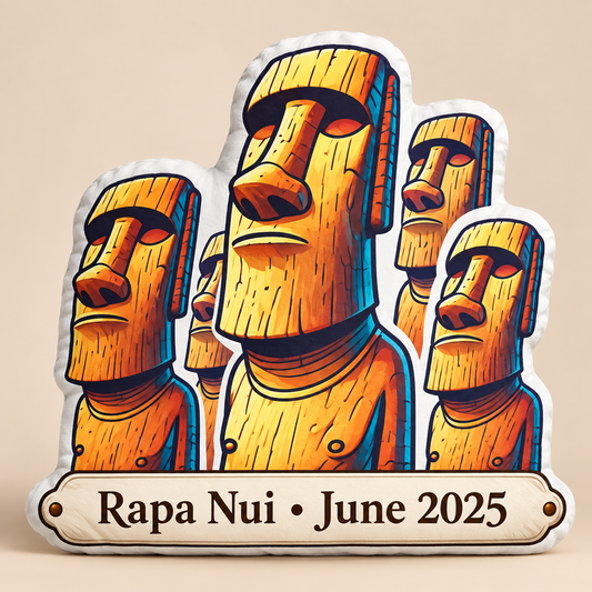 Personalized Easter Island Moai pillow with Rapa Nui June 2025 plaque