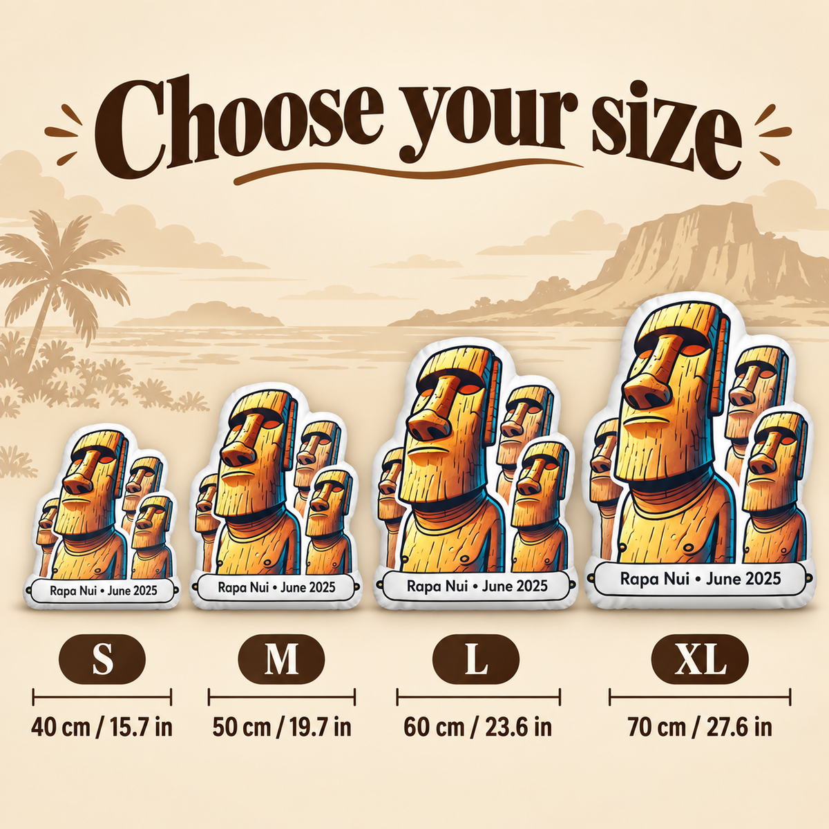 Easter Island Moai pillow size guide showing S M L and XL from 40 to 70 cm