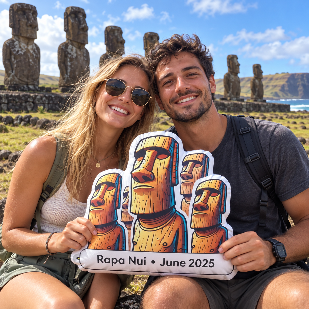 Young couple holding a personalized Easter Island Moai pillow on Rapa Nui