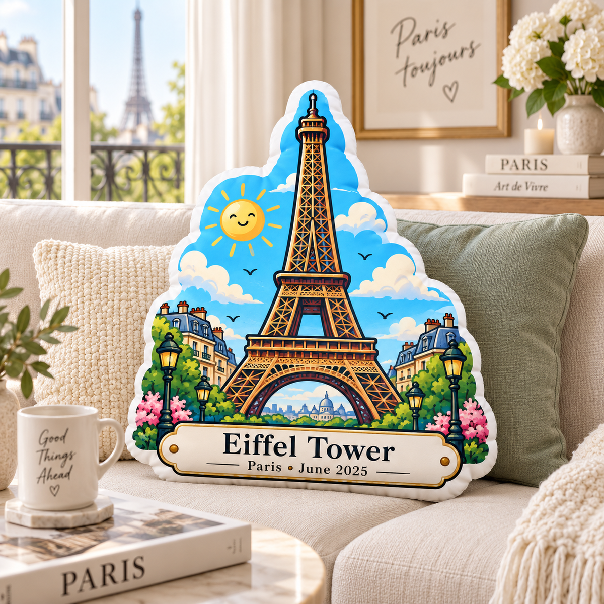 Eiffel Tower pillow styled on a sofa in a Paris-inspired living room
