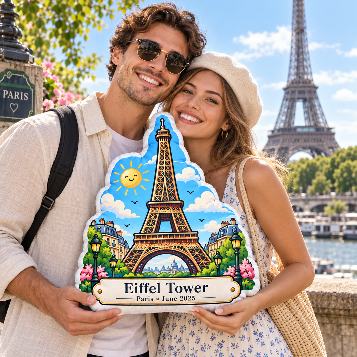 Couple holding a personalized Eiffel Tower pillow in Paris