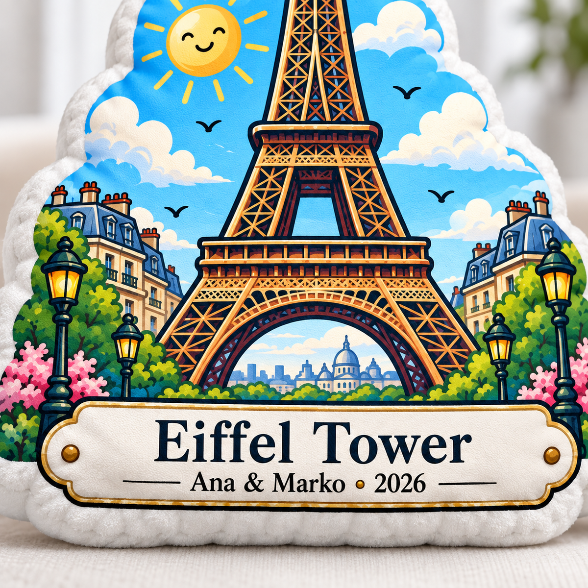 Close-up of Eiffel Tower pillow with personalized plaque example