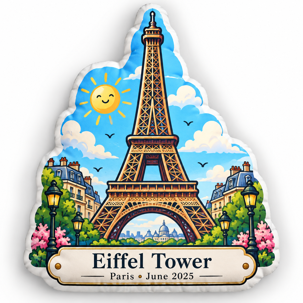 Personalized Eiffel Tower shaped pillow with Paris June 2025 plaque