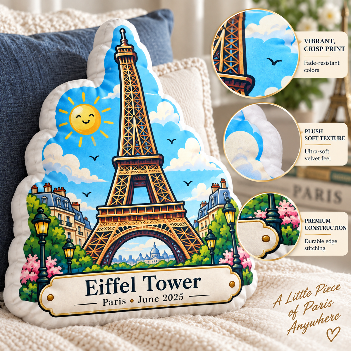 Eiffel Tower pillow print texture plush fabric and construction details
