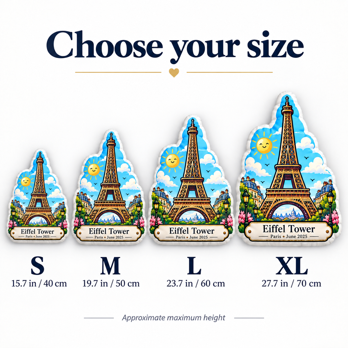 Eiffel Tower pillow size guide showing S M L and XL from 40 to 70 cm