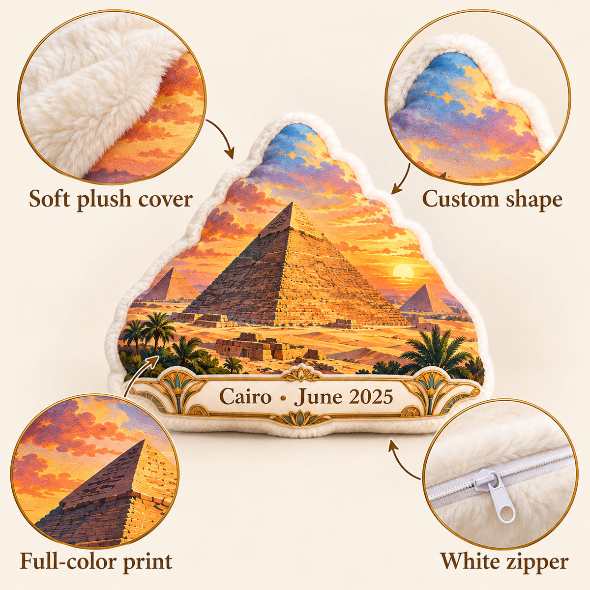 Great Pyramid of Giza pillow features including soft plush cover custom shape full-color print and white zipper