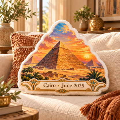 Great Pyramid of Giza pillow styled in a warm desert-inspired living room