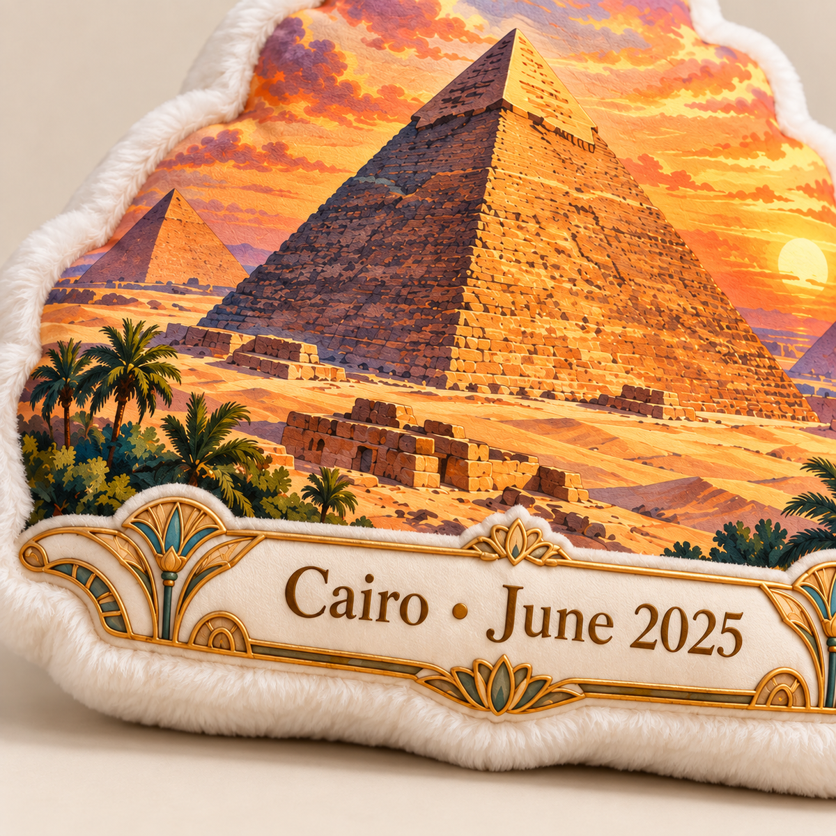 Close-up of Great Pyramid pillow personalized plaque reading Cairo June 2025