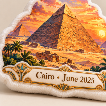 Close-up of Great Pyramid pillow personalized plaque reading Cairo June 2025