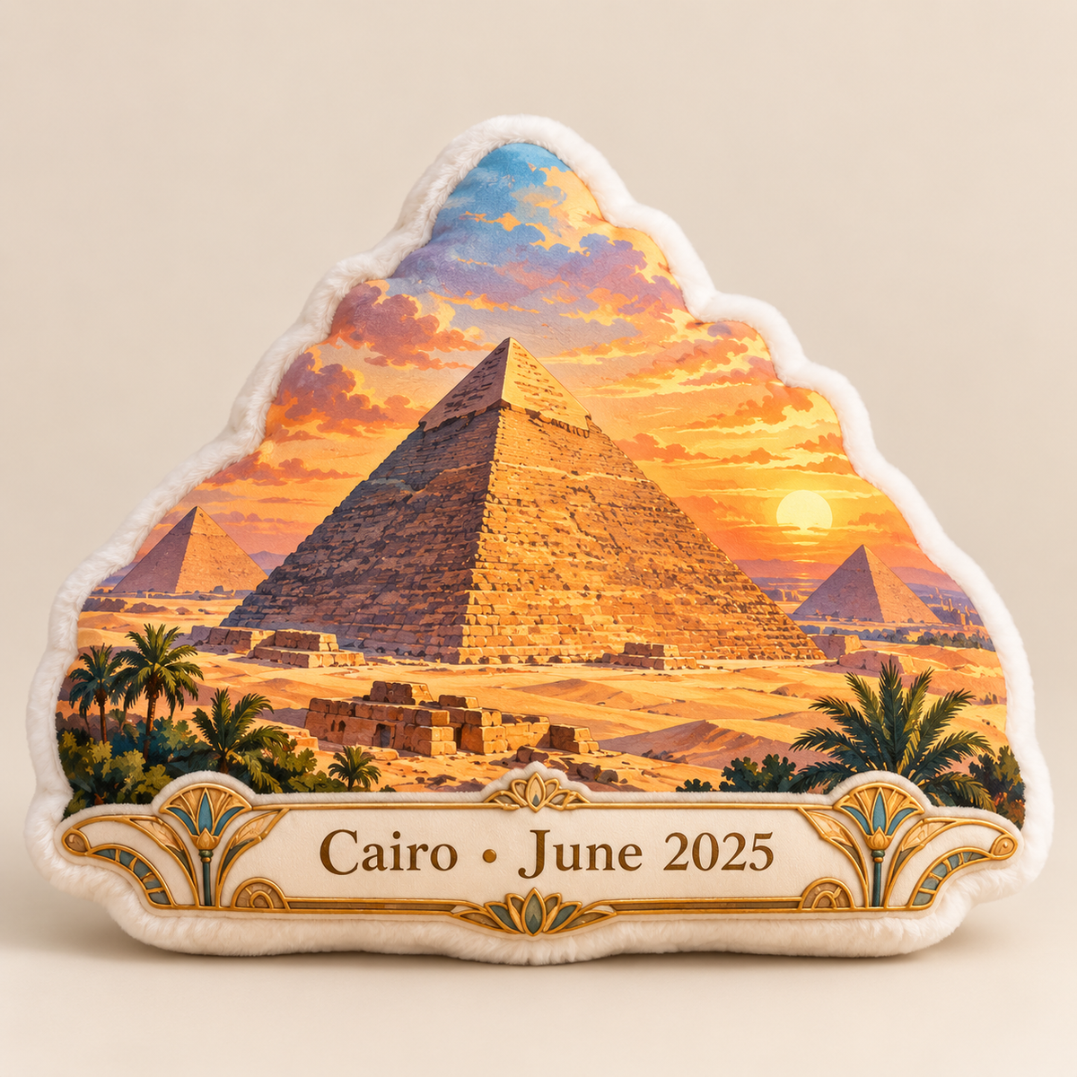 Personalized Great Pyramid of Giza pillow with Cairo June 2025 plaque