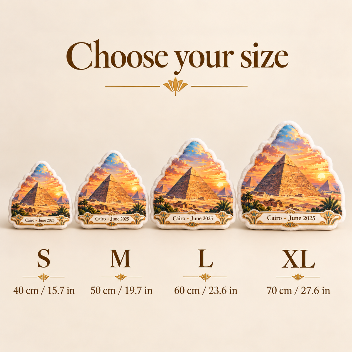 Great Pyramid of Giza pillow size guide showing S M L and XL from 40 to 70 cm