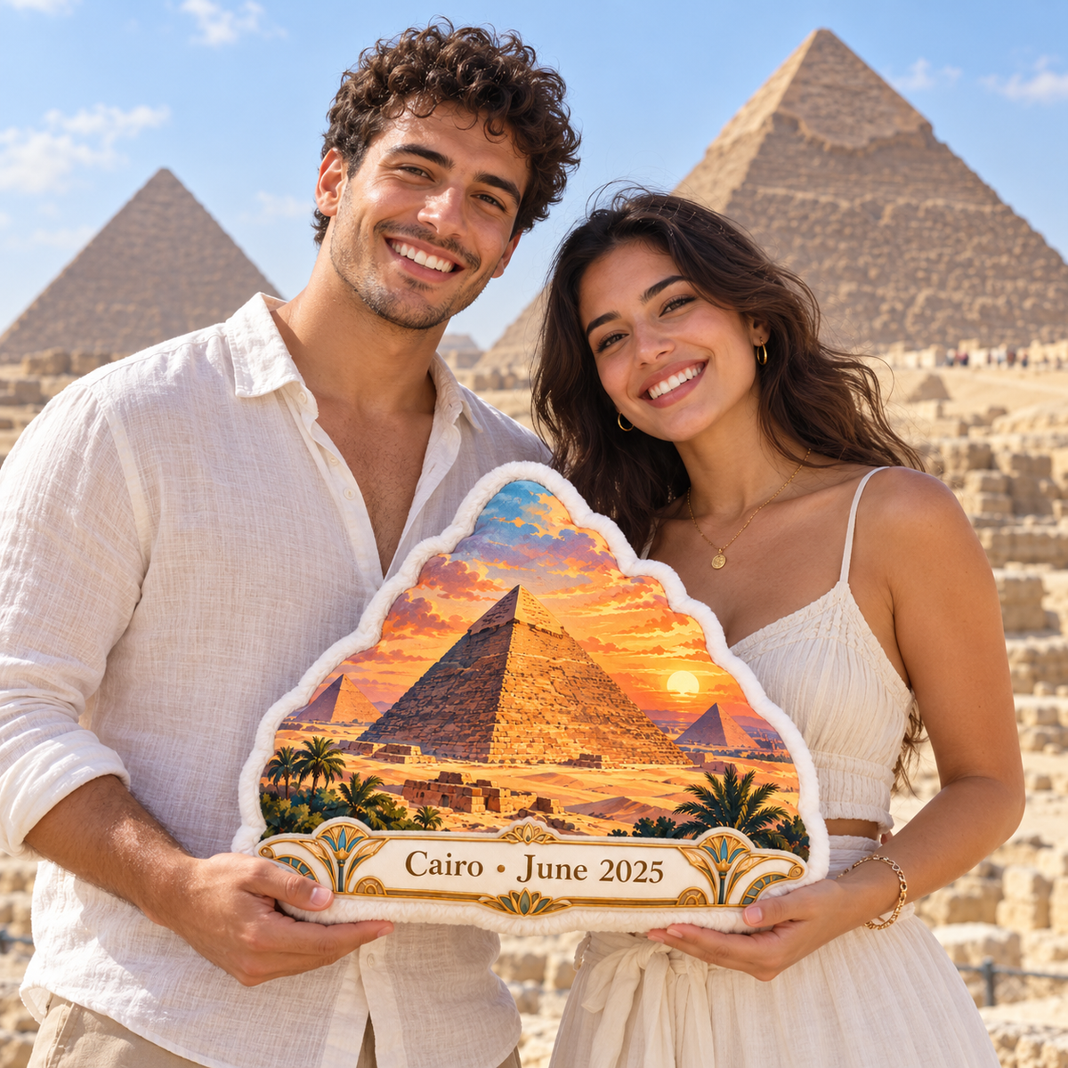Young couple holding a personalized Great Pyramid of Giza pillow in Egypt