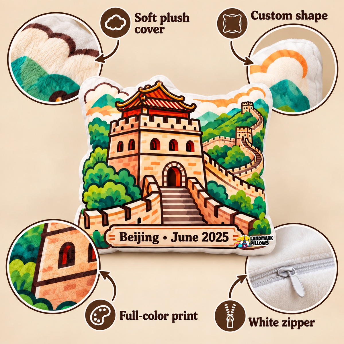 Great Wall of China pillow features including soft plush cover custom shape full-color print and white zipper