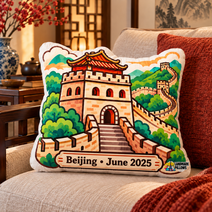 Great Wall of China pillow styled in a warm China-inspired living room
