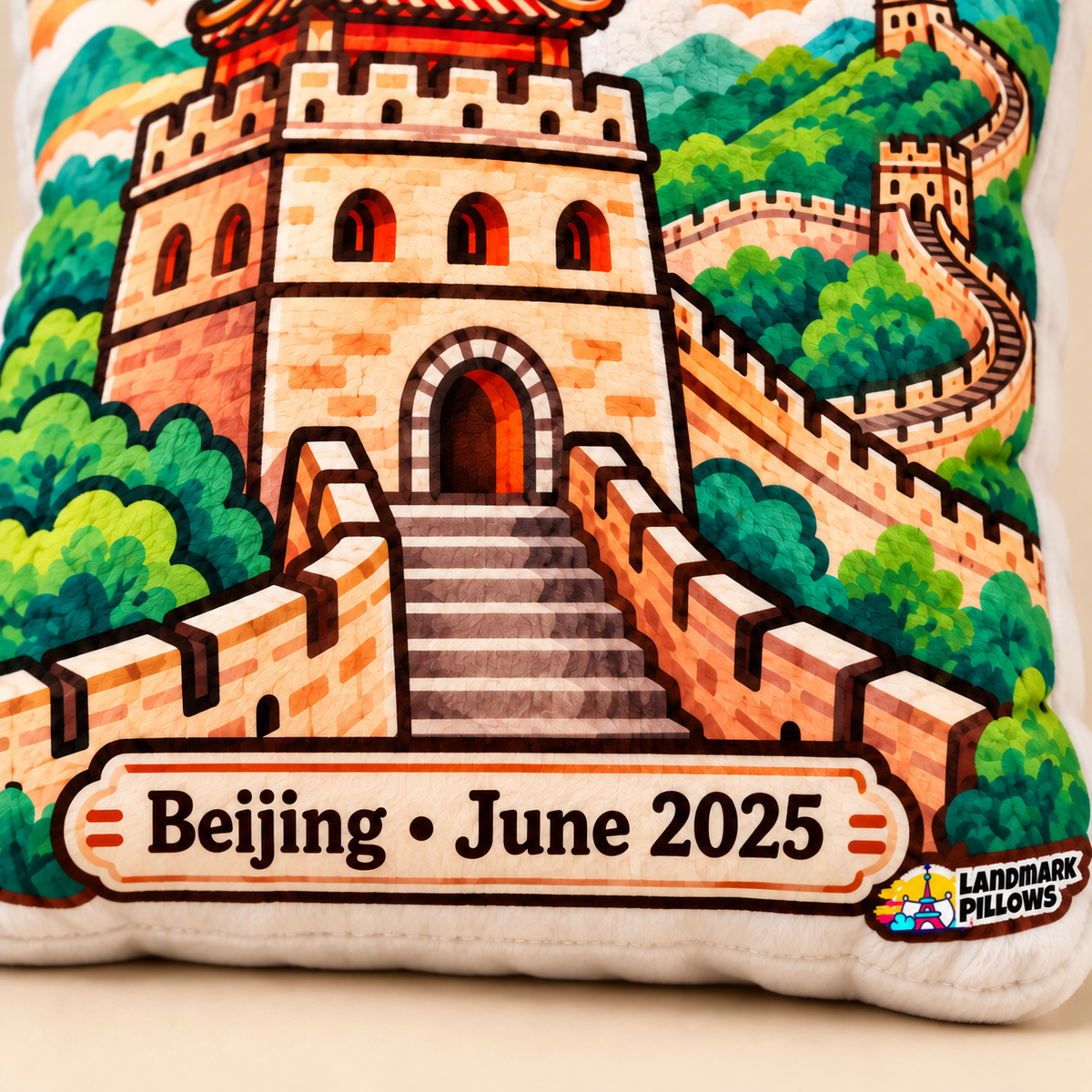Close-up of Great Wall pillow personalization plaque with Landmark Pillows logo