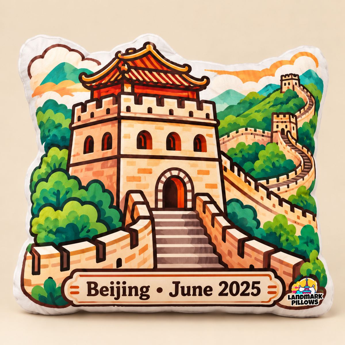 Personalized Great Wall of China pillow with Beijing June 2025 plaque