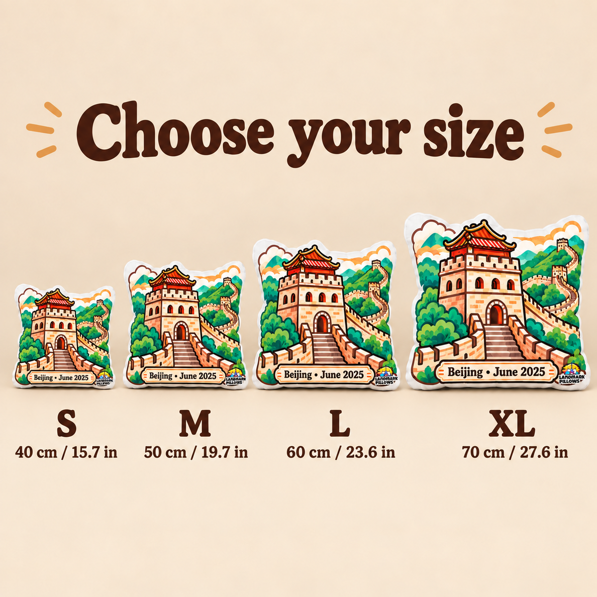Great Wall of China pillow size guide showing S M L and XL from 40 to 70 cm