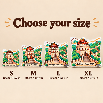 Great Wall of China pillow size guide showing S M L and XL from 40 to 70 cm