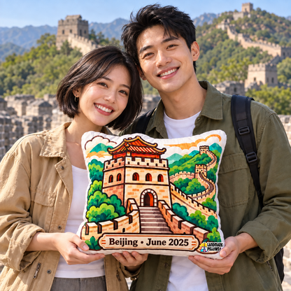 Young couple holding a personalized Great Wall of China pillow at the Great Wall