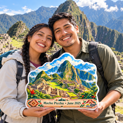 Travel couple holding the Machu Picchu Pillow at Machu Picchu