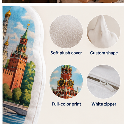 Moscow Kremlin Landmark Pillow feature graphic showing plush cover, custom shape, full-color print and white zipper