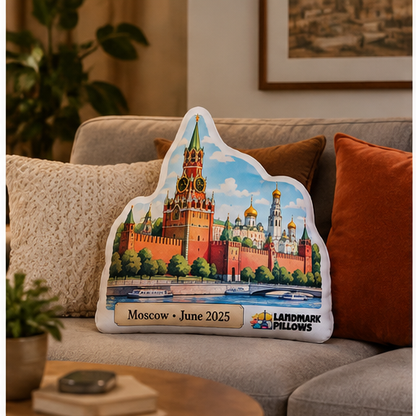 Moscow Kremlin Landmark Pillow displayed on a cozy living room sofa
