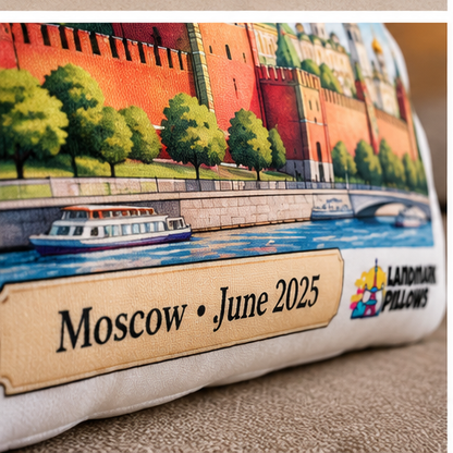 Close-up of the personalized Moscow date plaque and Landmark Pillows branding