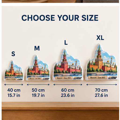 Moscow Kremlin Landmark Pillow size guide showing S, M, L and XL dimensions