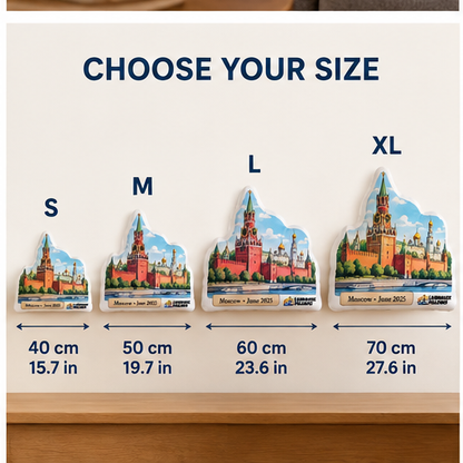 Moscow Kremlin Landmark Pillow size guide showing S, M, L and XL dimensions